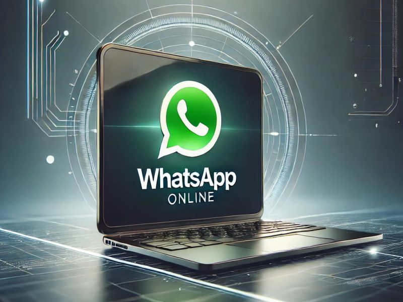 Digital illustration of a laptop displaying WhatsApp Online within the Uptoplay Android Emulator. The image has a sleek and modern tech-inspired design.