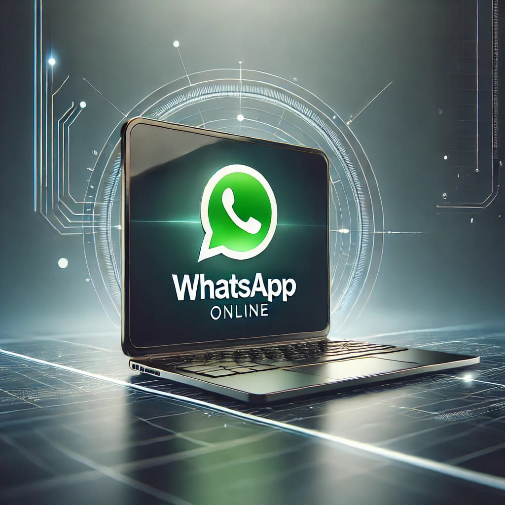 Digital illustration of a laptop displaying WhatsApp Online within the Uptoplay Android Emulator. The image has a sleek and modern tech-inspired design.