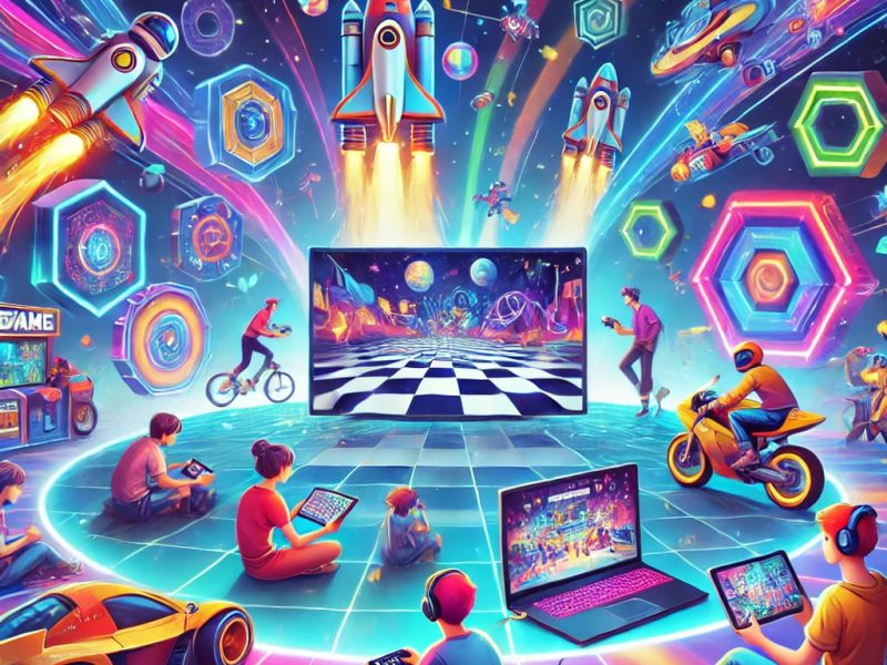 Young gamers playing online for free on laptops and smartphones in a vibrant, futuristic arcade environment, promoting UptoPlay's gaming platform.