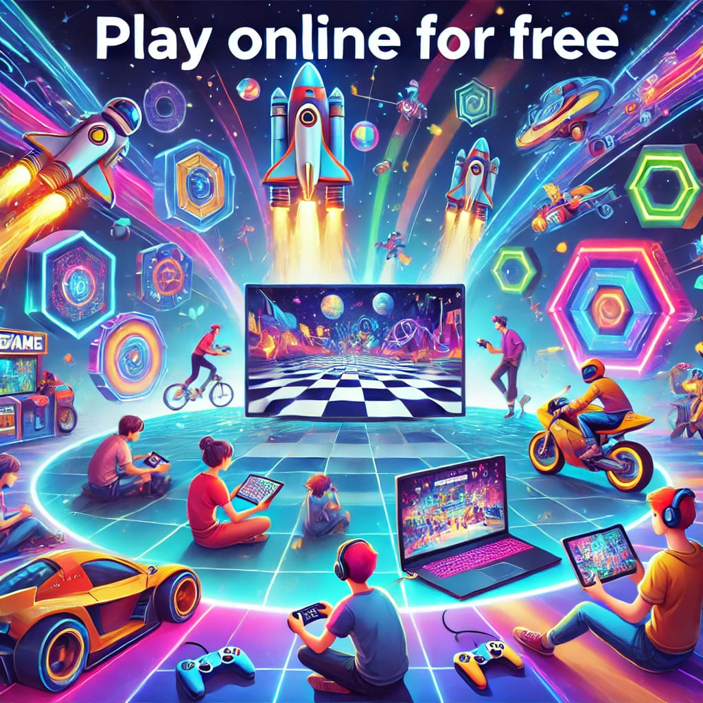 Young gamers playing online for free on laptops and smartphones in a vibrant, futuristic arcade environment, promoting UptoPlay's gaming platform.