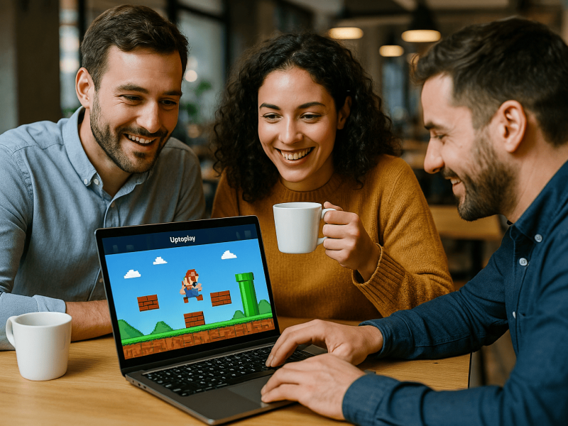 Three friends in a cozy coffee shop enjoying their break. One person is playing a colorful retro mini game on a laptop, while another holds a cup of coffee and watches with interest. The third person smiles, creating a cheerful and relaxed vibe that illustrates Uptoplay mini games for coffee breaks.
