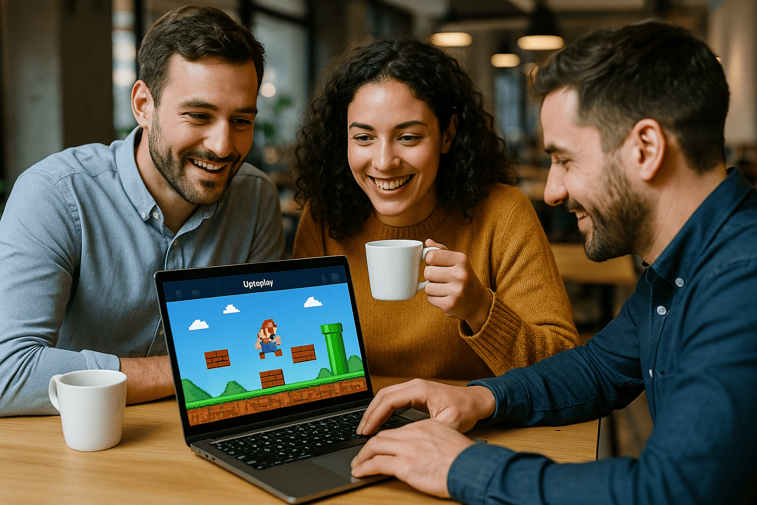 Three friends in a cozy coffee shop enjoying their break. One person is playing a colorful retro mini game on a laptop, while another holds a cup of coffee and watches with interest. The third person smiles, creating a cheerful and relaxed vibe that illustrates Uptoplay mini games for coffee breaks.