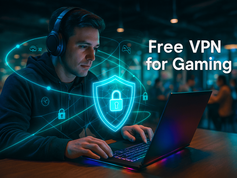 A gamer wearing headphones plays on a laptop with glowing RGB lights in a cyberpunk-style café, protected by a holographic shield and network locks, symbolizing Free VPN for Gaming and secure online play.