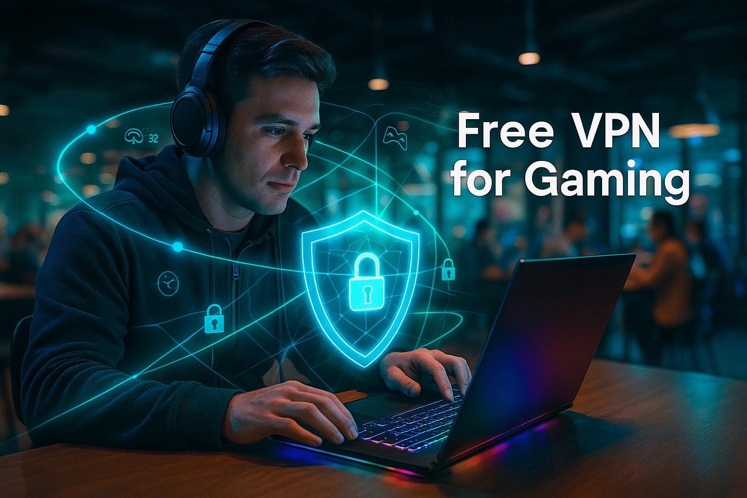 A gamer wearing headphones plays on a laptop with glowing RGB lights in a cyberpunk-style café, protected by a holographic shield and network locks, symbolizing Free VPN for Gaming and secure online play.