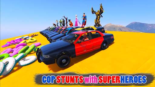 Play APK Cop Car Superheroes Stunt Racing  and enjoy Cop Car Superheroes Stunt Racing with UptoPlay com.copcar.superheroes.policecar.cop.cars.xe.stuntracing