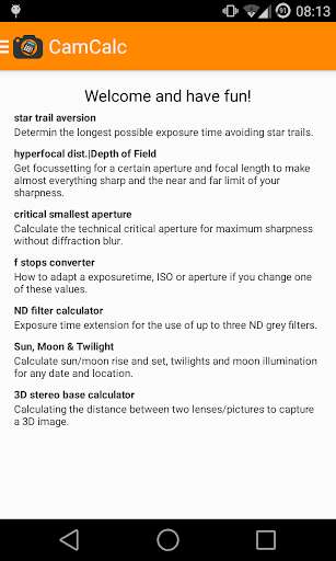 Play APK DSLR CamCalc - Free  and enjoy DSLR CamCalc - Free with UptoPlay barsnick.felix.camcalc.don<br>This includes the same functionality, so it is only a small financial thank you to me.<br>The pay app will always be Ad free!<br>* * * * *<br><br>DSLR CamCalc is a helper to calculate values and settings related to photography. By day and night my app helps you create wonderful pictures during day and at night with clear and very useful features.<br><br>But this is no app to make or edit photos on your smartphone.<br><br>This can be calculated:<br> + Maximum exposure time without star trails at night<br> + Calculate the hyperfocal distance<br> + Calculate the Depth of Field 