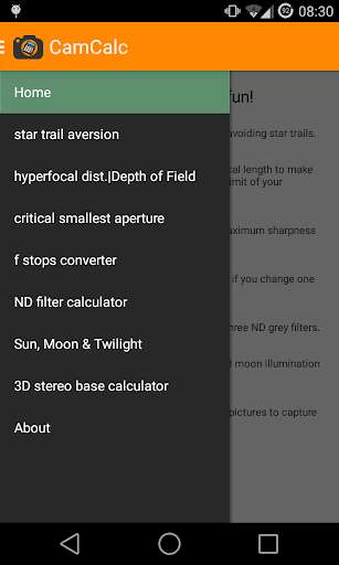 Play APK DSLR CamCalc - Free  and enjoy DSLR CamCalc - Free with UptoPlay barsnick.felix.camcalc.don<br>This includes the same functionality, so it is only a small financial thank you to me.<br>The pay app will always be Ad free!<br>* * * * *<br><br>DSLR CamCalc is a helper to calculate values and settings related to photography. By day and night my app helps you create wonderful pictures during day and at night with clear and very useful features.<br><br>But this is no app to make or edit photos on your smartphone.<br><br>This can be calculated:<br> + Maximum exposure time without star trails at night<br> + Calculate the hyperfocal distance<br> + Calculate the Depth of Field 
