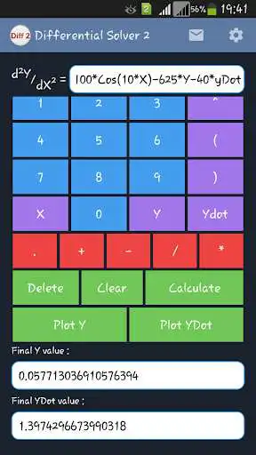 Play 2nd Differential Solver Free as an online game online 2nd Differential Solver Free with UptoPlay com.ashermobile.math.diffsolver2<br><br>This App is ad supported.<br><br> Application areas: Some of applications areas are:<br>Physics and sciences <br>Engineering <br>Finance and Economics<br>Industry <br>Research <br>\t<br> Who should buy this app?<br>-Researchers <br>-Engineers<br>-Engineering students<br>-Science students<br><br> Why buy this app?<br>- Solves differential equation in quick time<br>- Reduces time in calculations.<br>-Reduces effort and time in research. <br><br> Tips and Notes:<br>\tIt is always recommended that the users uses as smaller difference in final and initial X as possible to get Higher accuracy and Better Resolution in Plot. This can be done using the step process as described below. <br>\tFor example to find value of Y at 10 with initial value of X as 0, Y as 0 and yDot as 0 for d2Y/dX2 =Cos(X)*Sin(X). To get higher accurate results split the range of 10 into 2 steps (0 to 5 and 5 to 10). For first step, enter the equation and initial value of X as 0, Y as 0, yDot as 0 and final value of X as 5. Click Calculate to find value of Y and yDot at X=5 as 1.3180026397909919 and 0.45976788267781876 respectively. Now for second step, enter the equation and initial value of X as 5, initial value of Y as 1.3180026397909919, initial yDot as 0.45976788267781876 and final value of X as 10. Click Calculate to find value of Y and yDot at X=10 as 2.3858818461857414 and 0.1479794846781928.<br>\tWhen the app returns a NaN, either the (i) Y and dY/dX value doesnt exist at the final X or (ii) range is too large, try reducing the difference in initial and final X and use the step process described above (this is especially needed for functions with large curvature like tan and log).<br>\tBased on capability and limitations of Android system the maximum difference in initial and final X for Calculate, Plot and Plot yDot as fixed as 50, 30 and 30 respectively. For Y and dY/dX at a range greater than 50, use the step process described above. (For larger ranger of 200 and 100 for calculation and plotting, Please try Paid App) <br><br> Have Suggestions or Issues?<br>Email ashermobilesolutions@gmail.com and you Play 2nd Differential Solver Free as an online game 2nd Differential Solver Free with UptoPlay