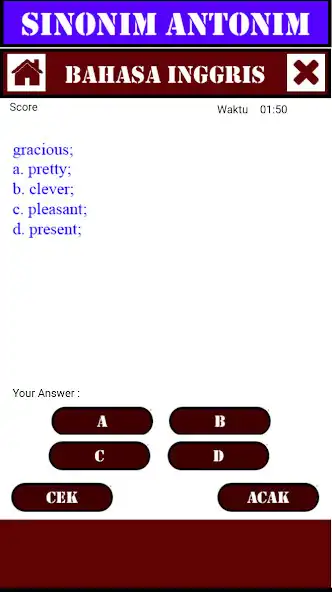 Play 500 SOAL SINONIM ANTONIM BAHASA INGGRIS as an online game 500 SOAL SINONIM ANTONIM BAHASA INGGRIS with UptoPlay