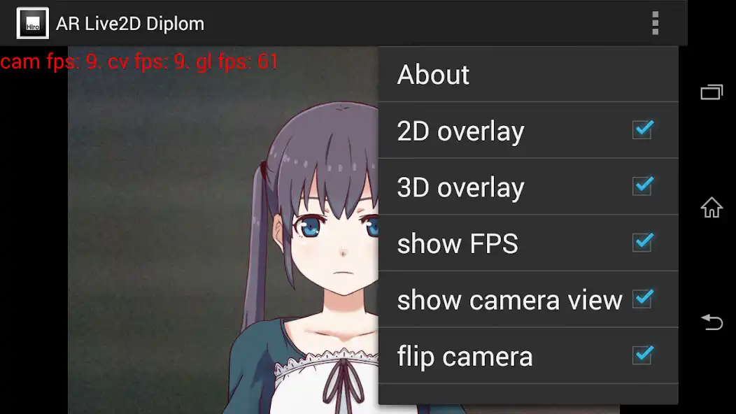 Play AR Live2d Diplom as an online game online AR Live2d Diplom with UptoPlay org.opencv.engine<br>Tap on screen to open menu.<br>Simple project using libraries OpenCV, Live2d on Android 4+. Has been planned as diplom project. Anime girl can clone your emotions, or track your face with sight.</p></div><br><br><br><a title= Play AR Live2d Diplom as an online game AR Live2d Diplom with UptoPlay