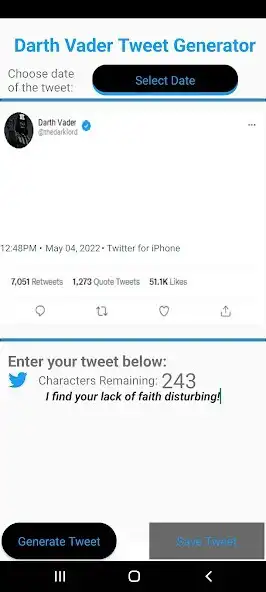 Play Darth Vader Tweet Generator as an online game online Darth Vader Tweet Generator with UptoPlay Play Darth Vader Tweet Generator as an online game Darth Vader Tweet Generator with UptoPlay