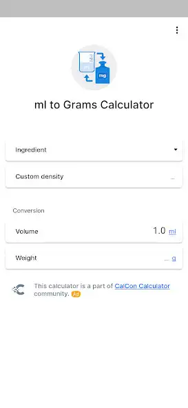 Play ml to Grams Calculator  and enjoy ml to Grams Calculator with UptoPlay