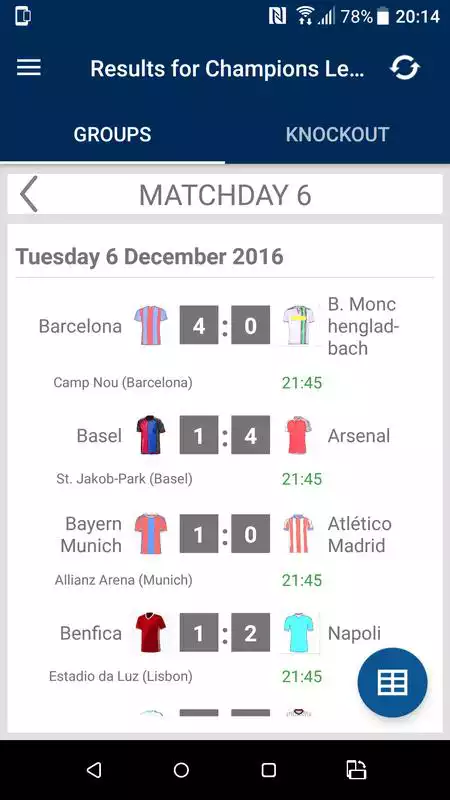 Play Results for Champions League