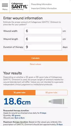 Play SANTYL* Ointment calculator