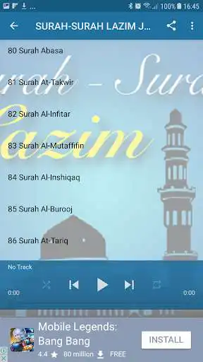 Play SURAH-SURAH LAZIM JUZ 30 MP3 as an online game SURAH-SURAH LAZIM JUZ 30 MP3 with UptoPlay