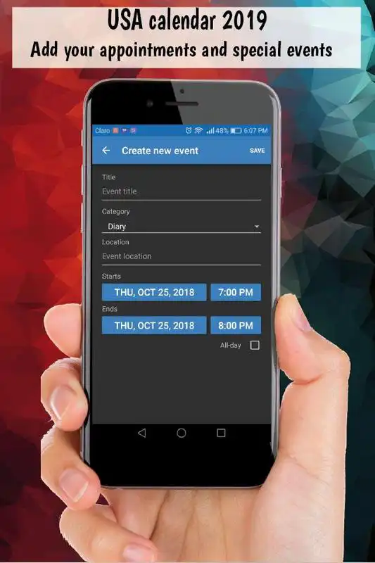 Play Usa calendar 2019 with holidays, us calendar free