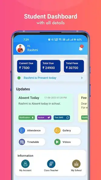 Play Vedmarg - Student, Teacher App as an online game online Vedmarg - Student, Teacher App with UptoPlay com.vedmarg<br><br>-------------------------<br>Features of Vedmarg App (Student):<br>- Pay fees online through secured payment gateway (CC, DC, Net Banking, Wallets, UPI, QR Code etc)<br>- Check fee structure for whole session<br>- Track fee records and history<br>- Track attendance on a daily and monthly basis<br>- Real-time notifications, updates<br>- SMS history<br>- Gallery and events<br>- News and reminders<br>- Check personal information (student records)<br>- Notice history<br>- Download ID card<br>- Download admit card<br>- Attempt quiz<br>- Modify student Play Vedmarg - Student, Teacher App as an online game Vedmarg - Student, Teacher App with UptoPlay